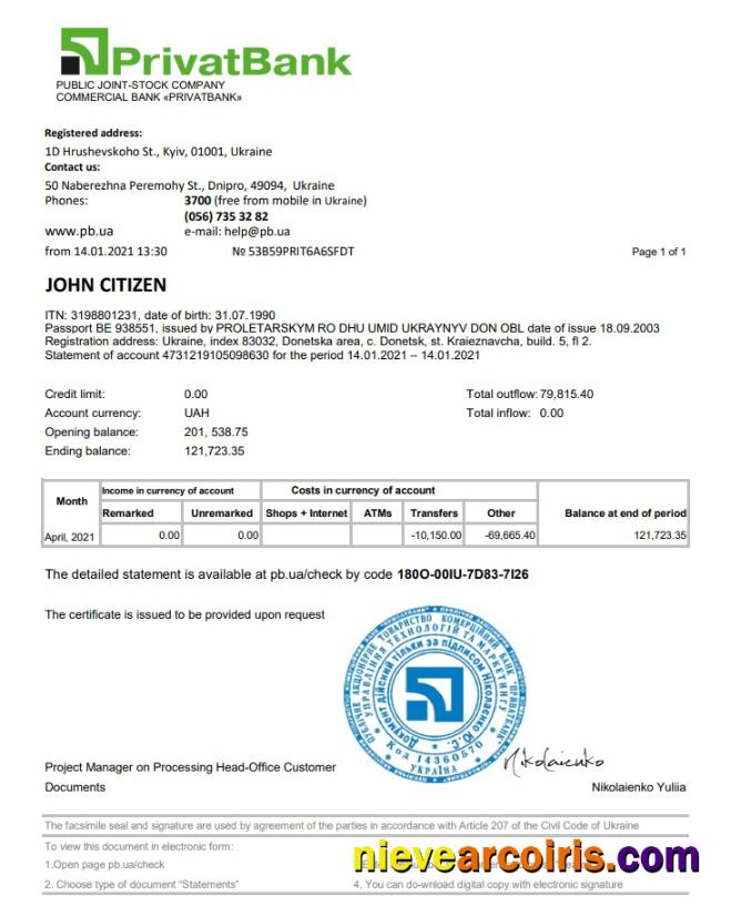 Ukraine Privatbank statement in Excel and PDF format